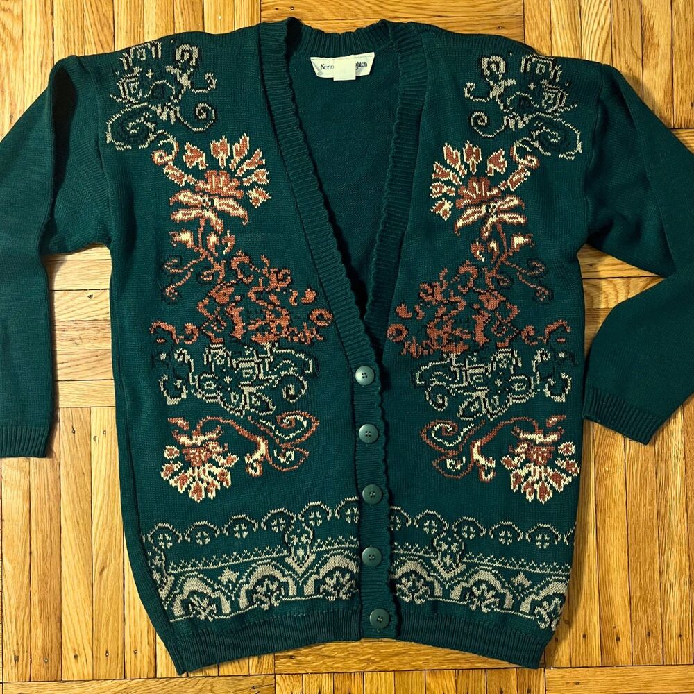 Vintage 80s Norton McNaughton Floral Knit Cardigan Forest Green Made USA